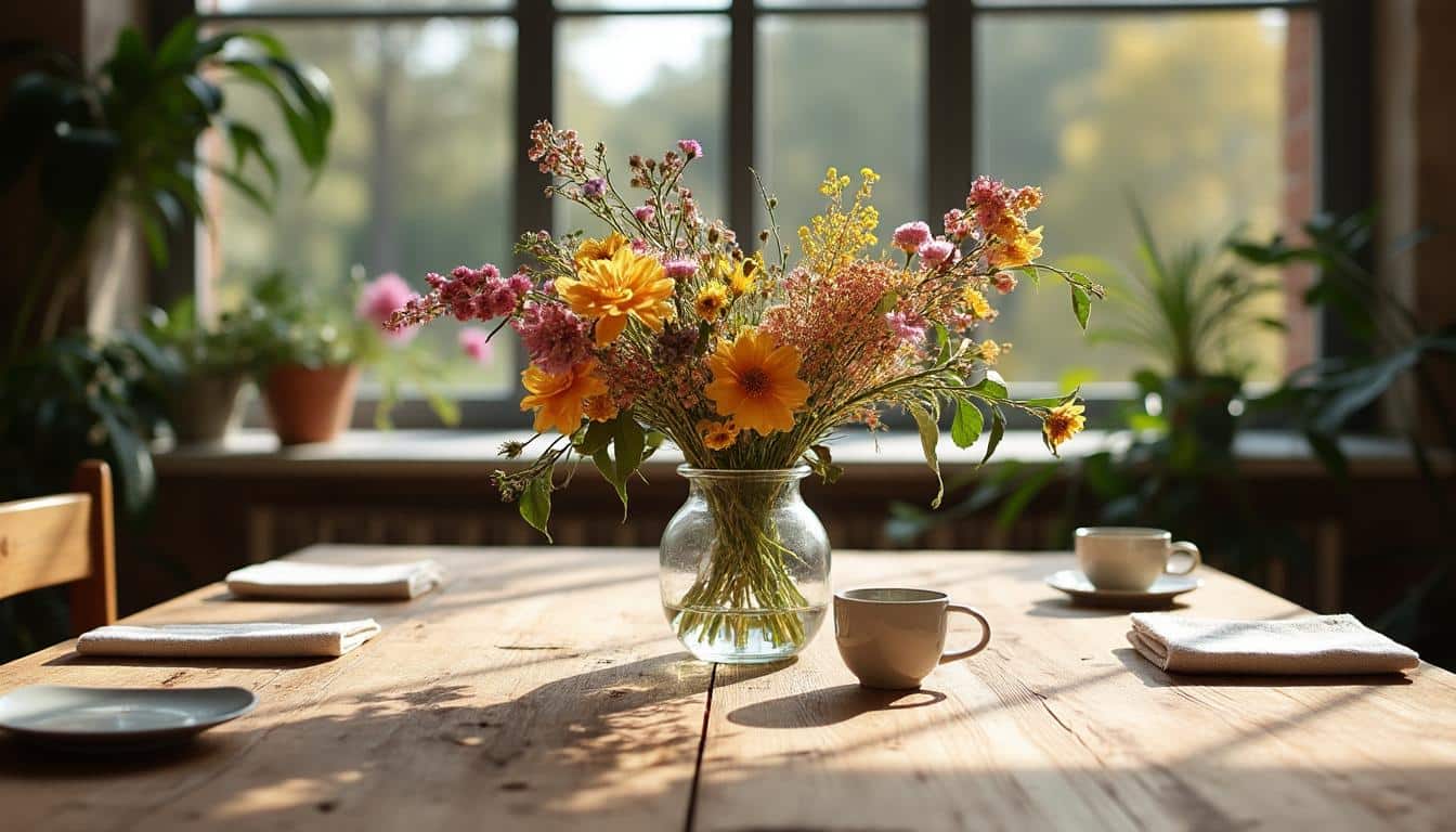 Des idées pour placer un vase sur une table en bois naturel